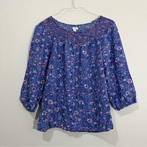 J.Jill Smocked Two Way A-Line Top Blouse Blue Floral Womens XS Off The Shoulder